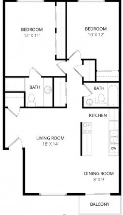 2x2 w Washer and Dryer floor plan